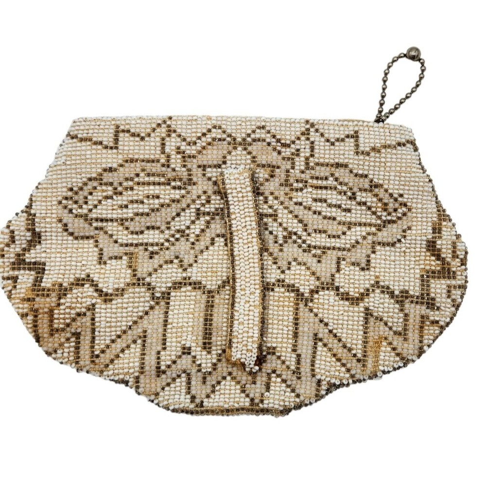 Antique  Vintage White Tan Beaded Evening Bag Clutch Purse Small  Sash Loop - Picture 2 of 5